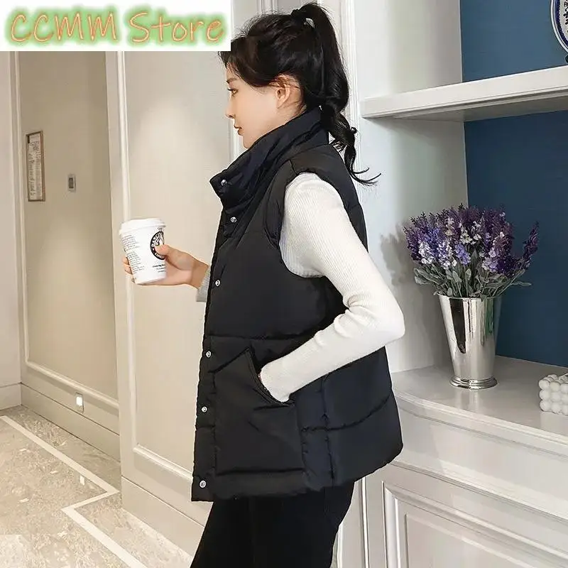 New Autumn Winter Women Solid Loose Vest Stand Collar Long Vest Jacket Cotton Padded Women Windproof Warm Waistcoat 5XL
