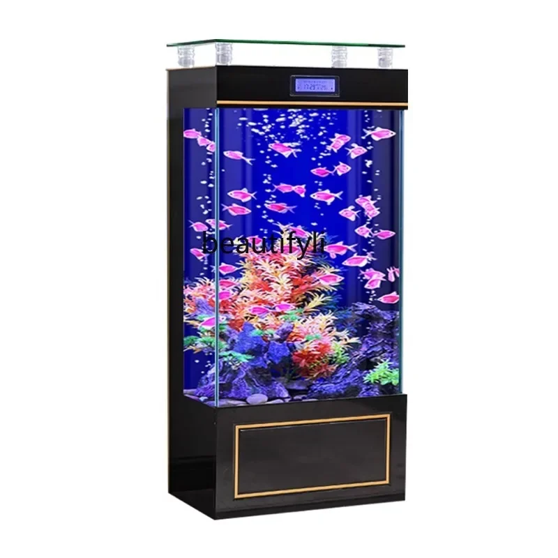 

Square Fish Tank Living Room Small Wall TV Cabinet next to Super White Glass Change Water Lazy Household Ecological Fish Globe