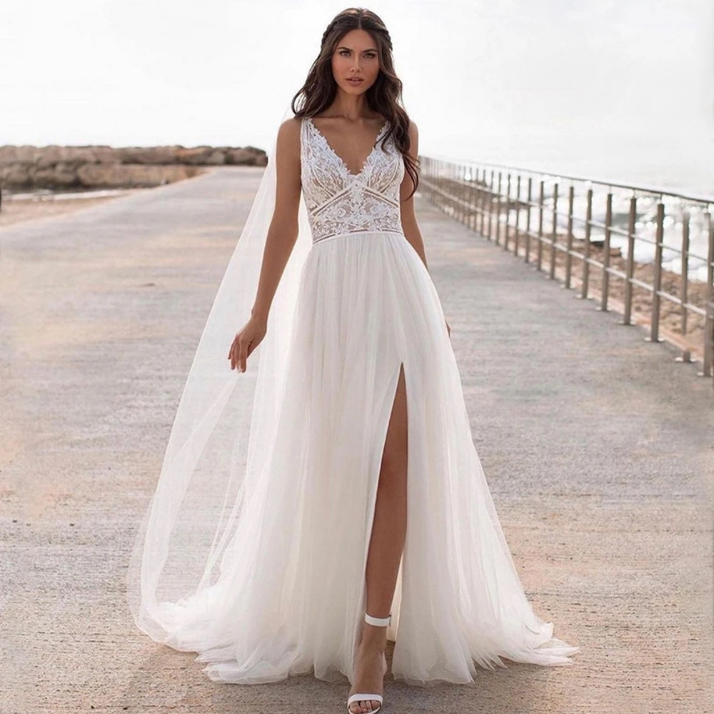 

POMUSE V-Neck Boho Bohemian Wedding Dresses A-Line Lace High Split Ivory Wedding Gowns Custom Made Vestido De Novia for Women