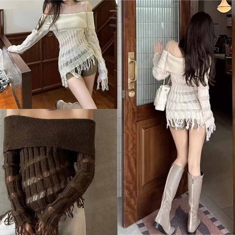 

Sexy Off Shoulder Long Sleeve Sweater Women Autumn Hollow Out Knitwear Fringed Tassels Asymmetrical Knitted Tops