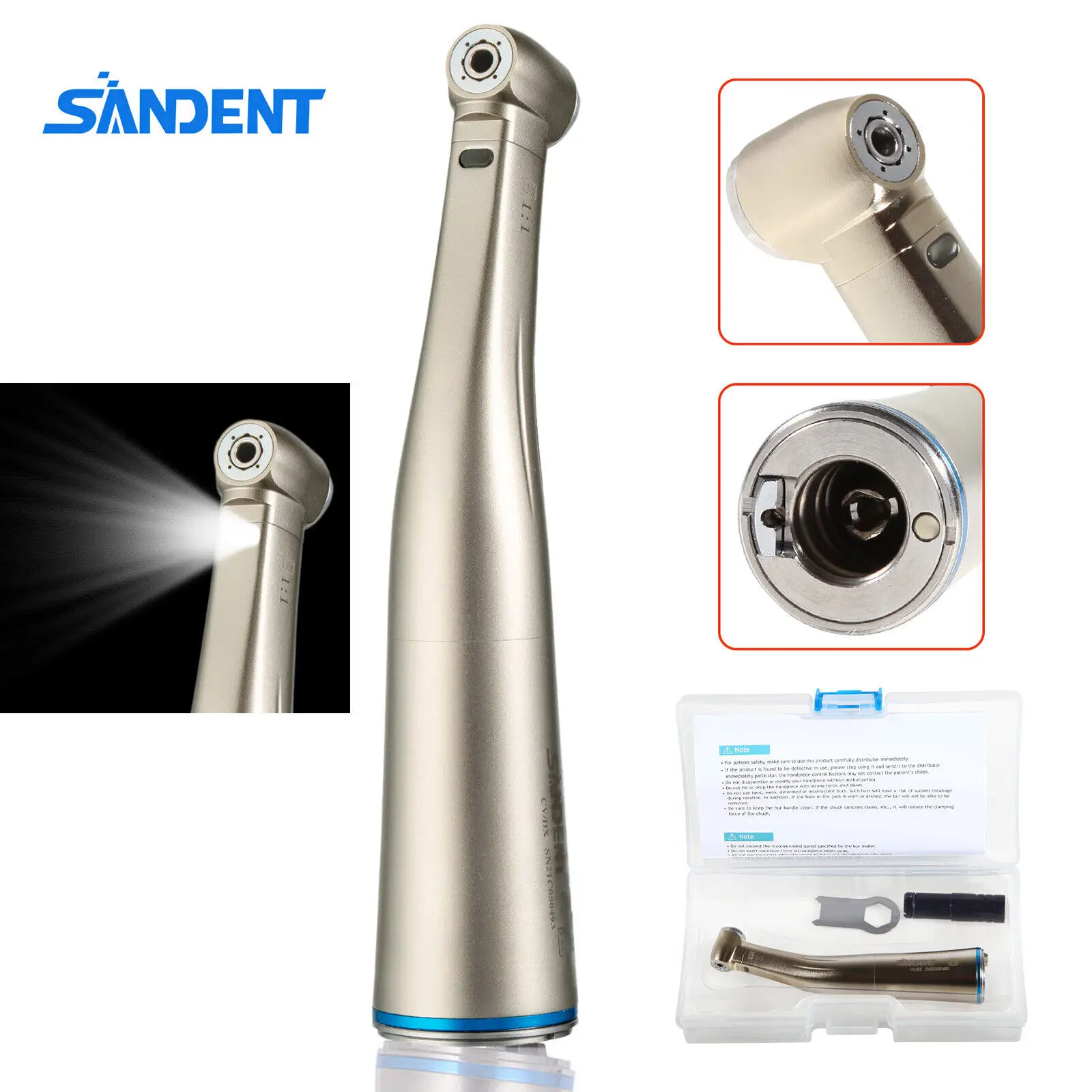 

1:1 Dental LED Light Fiber Optic Contra Angle Internal Water Spray Low Speed Handpiece Blue Ring Fit NSK Kavo