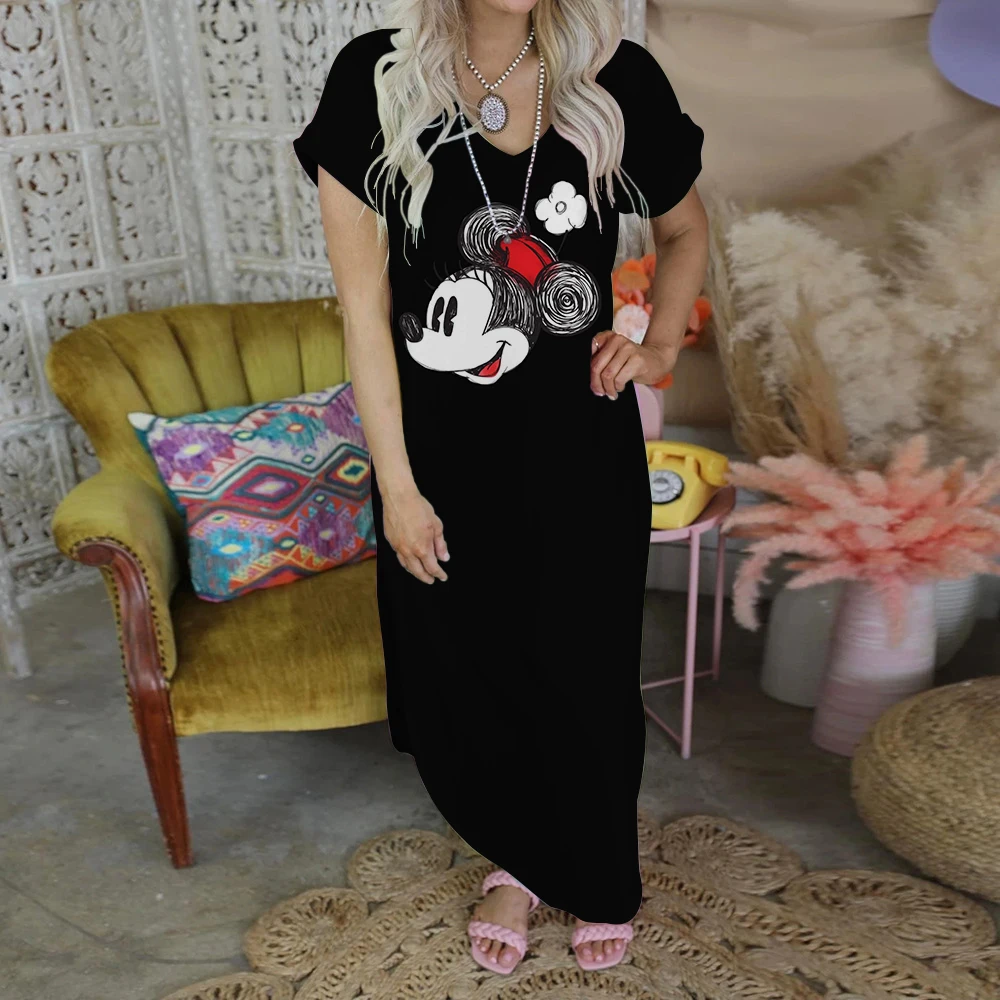 Maxi Dress Split Skirt Elegant Dresses for Women 2022 Print Robe Fashion Disney Minnie Mouse Mickey Evening Party Casual Women's