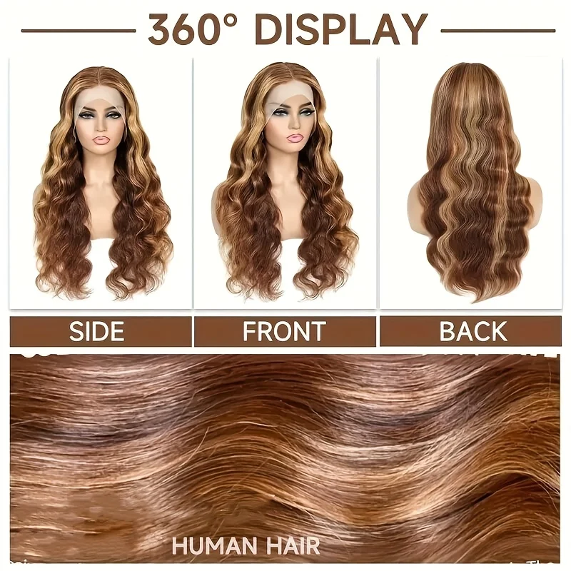 4/27 Colored Body Wave HD Lace Frontal Wigs Human Hair Pre Plucked 250 Density 13X4 Lace Frontal Wig for Women(34 Inch) 3