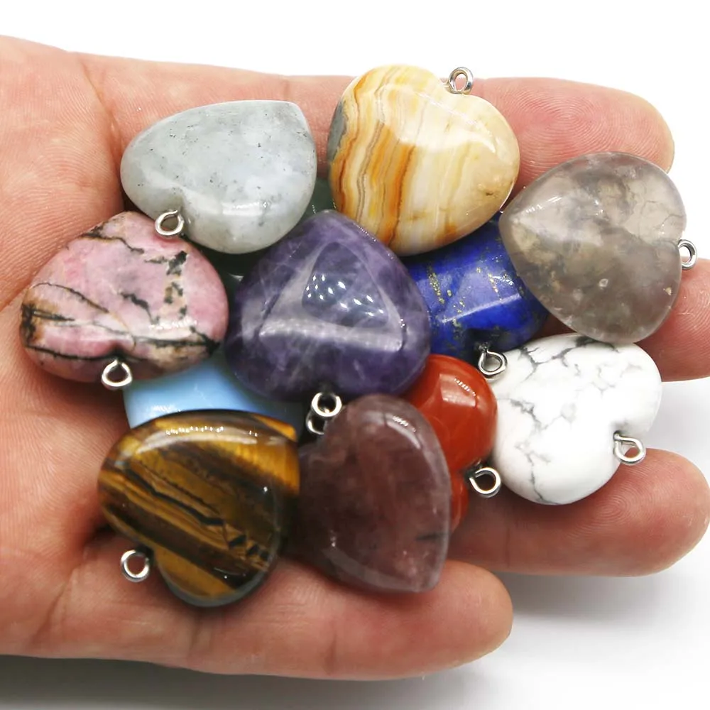 25MM Natural Semiprecious Stone Amethyst Multicolour Heart Necklace Pendant Key Chain Accessories Charms Jewelry Wholesale 10Pcs