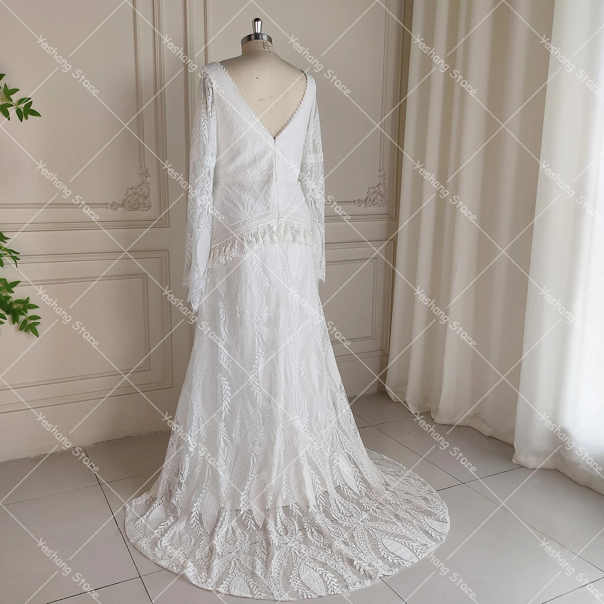 chinese dress ladies A-Line Off The Shoulder Chiffon Lace Bell Sleeve Wedding Dress COCOMELODY CW2223, 35 Days / Ivory / US6-UK8-EUR36 main image 1