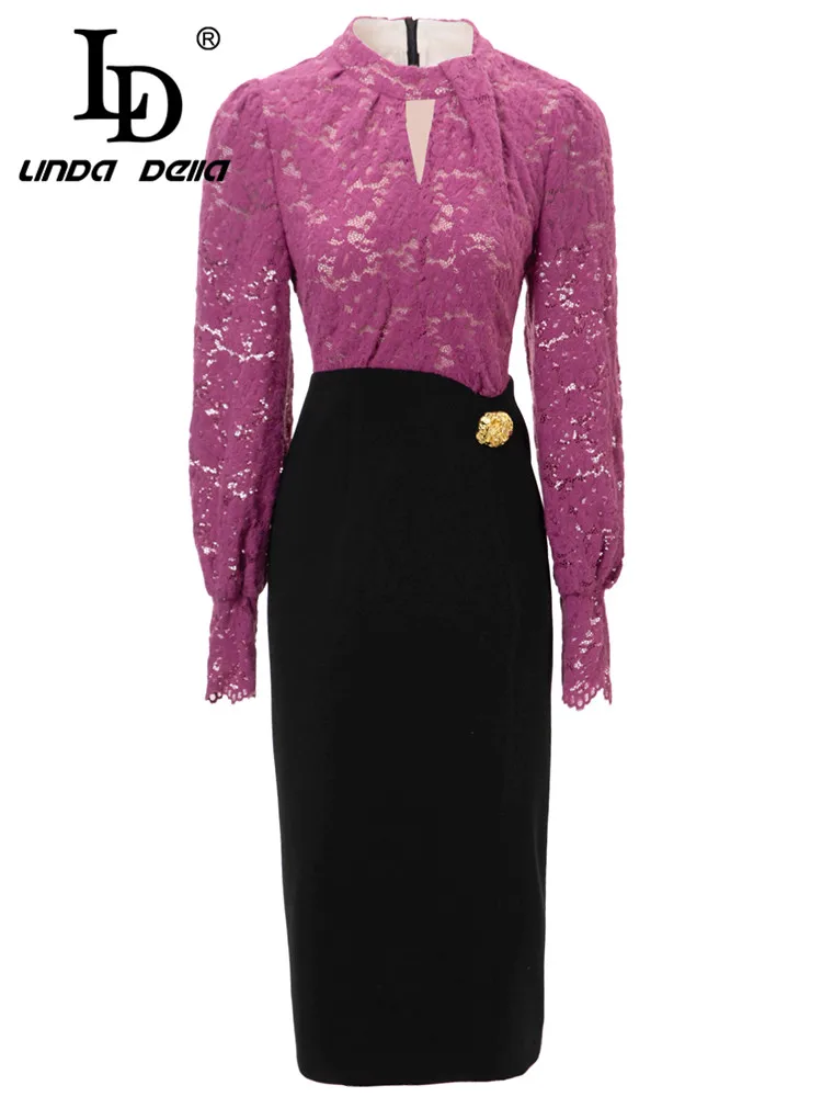 

LD LINDA DELLA New Fashion Designer Dress Women's Multicolour Splice long sleeve Button Slim Fit Lace Slit Party Hip wrap dress