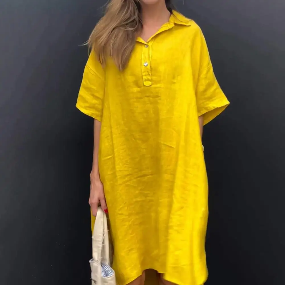 

Solid Color Dress Elegant Knee-length Summer Dress with Turn-down Collar Irregular Hem A-line Midi Dress for Wear for Women