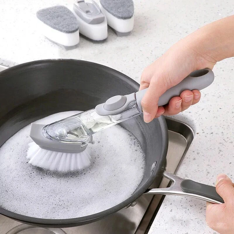 Kitchen Cleaning Brush 2 In 1 Long Handle Cleaing Brush with Removable Brush  Sponge Dispenser Dishwashing Brush Kitchen Tools - AliExpress