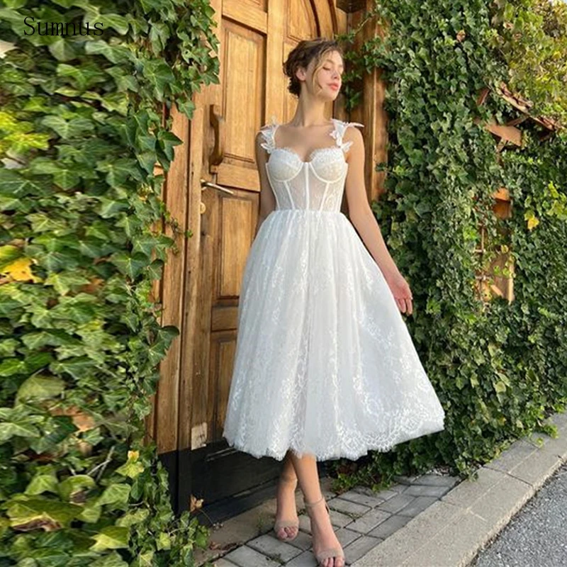 

Sumnus Elegant White Prom Dresses Spaghetti Straps Appliques Lace Keen Length Short Evening Dresses Vestidos De Gala Party Grown