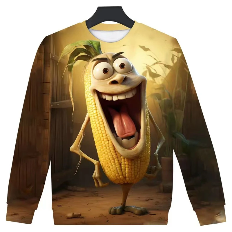 

Funny Hip Hop Corn Graphic Sweatshirts For Men Clothes Cute Cartoon Plant Maize 3D Print Boy Pullovers Women Y2k Long Sleeve Top