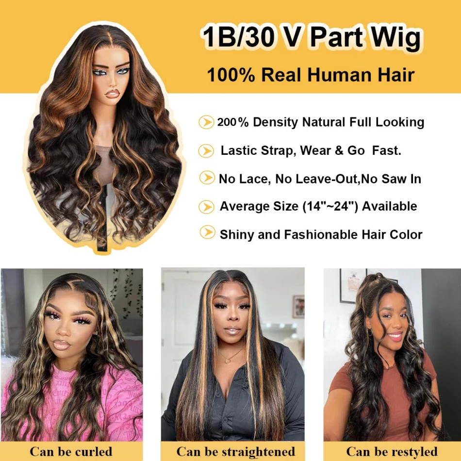 Highlight V Part Wig Body Wave Human Hair Wigs P1B30 Glueless Brazilian Wigs 250 Density Machine Made V Shape Wigs 30 36 Inch