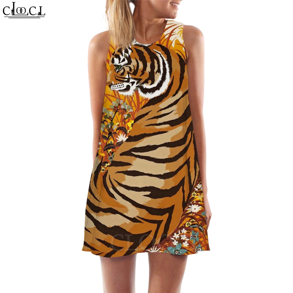 

CLOOCL New Trendy Women Tank Tops Flower Tiger Printed Vest Dress Sexy Sleeveless Dress Vacation Beach Style Summer Dress