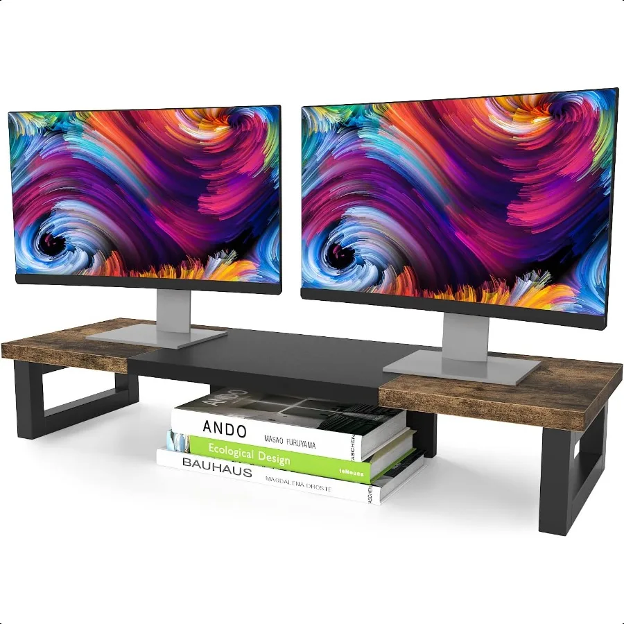 Dual Monitor Stand Riser for Desk with Wood Steel