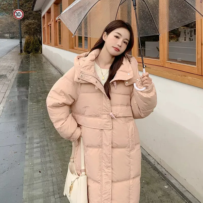 

Winter Korean Fashion Women's Down Jackets Solid Long Thick Warm Casual Coat Puffer Jacket Waterproof Remove Hooded Parkas 2023