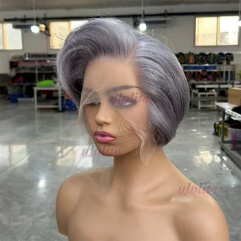 Pixie Cut Human Hair Wigs Salt And Pepper Wigs Short Bob Human Hair Wigs Wear&Go Glueless 13x4 Lace Frontal Wigs Brazilian Wavy
