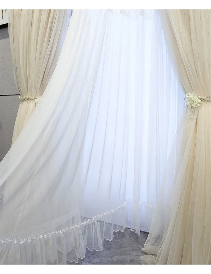 Korean Style Sequin Embroidery Pearl Lace Double Curtain For Bedroom Girl Room Beige Elegant Window Drape For Wedding Room Decom