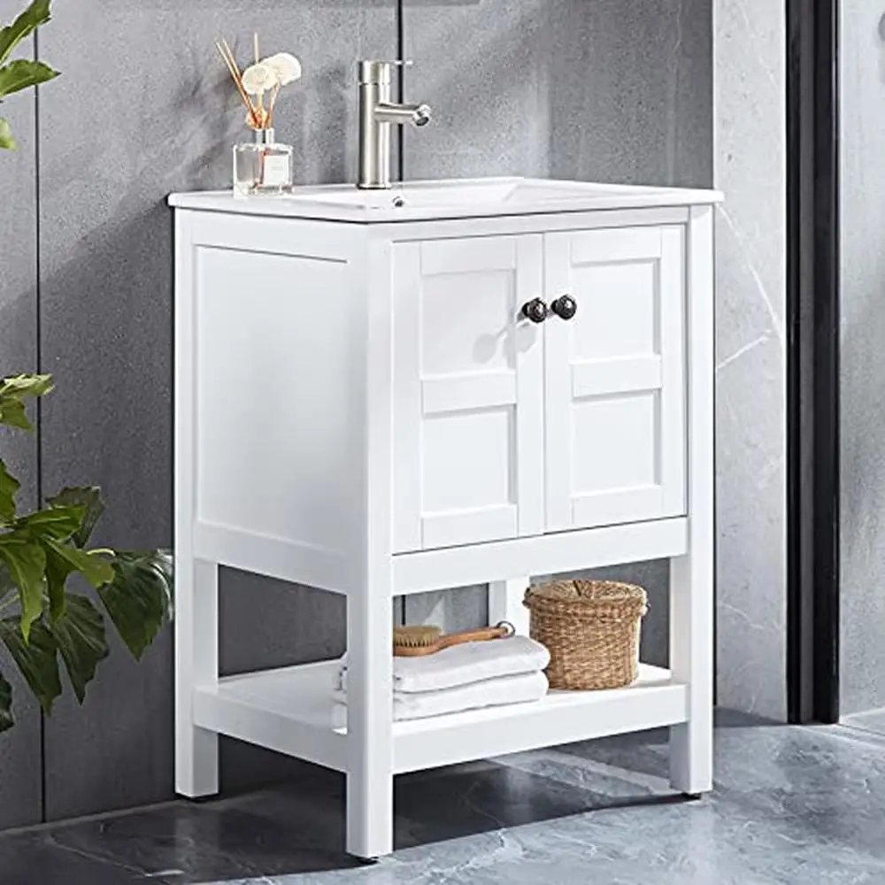 Description Picture 2 of item24" Modern Solid Wood Bathroom Vanity Set with Undermount Vessel Sink Free Standing 2 Doors Storage Durable & Waterproof Easy