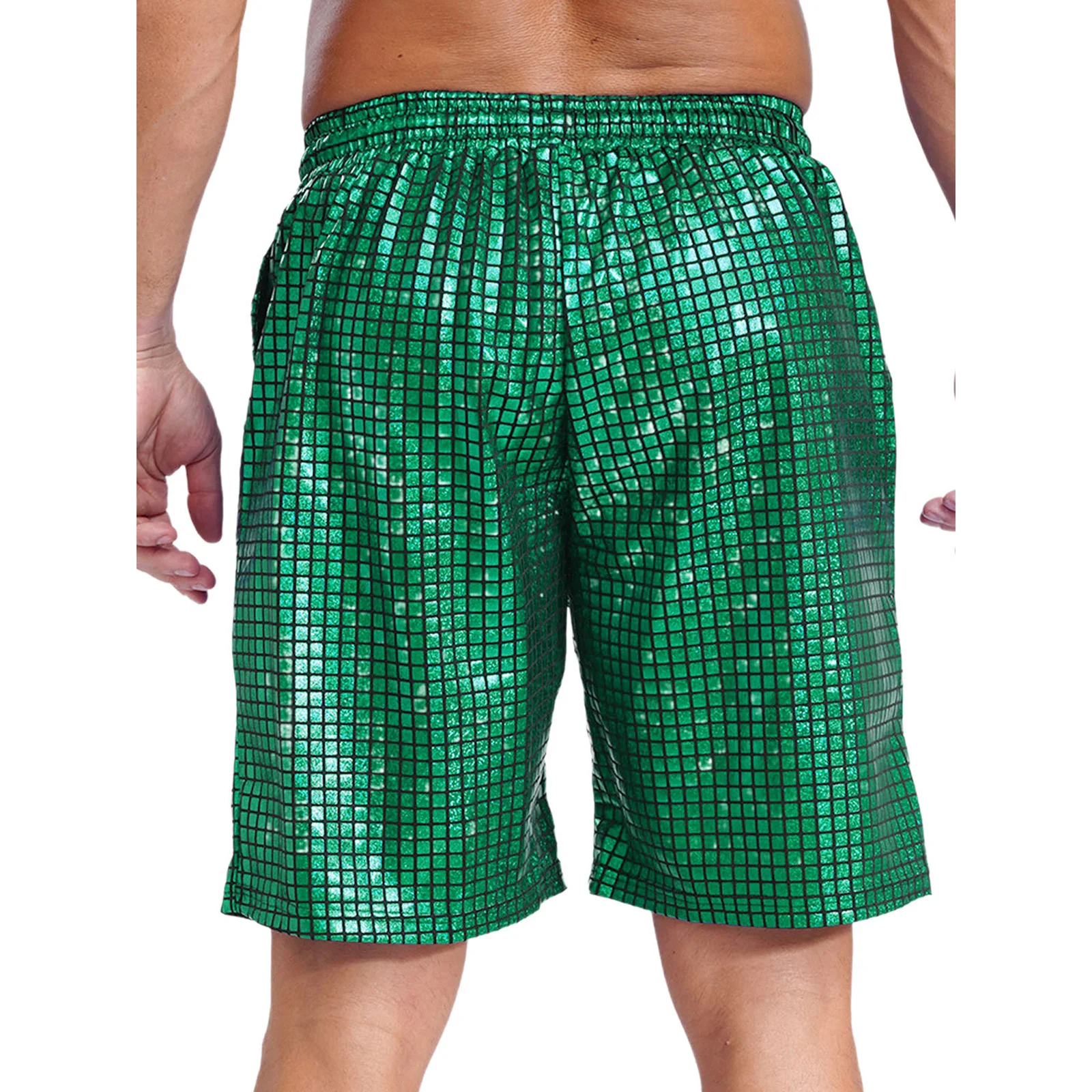 Mens Loose Beach Shorts Loungewear Shorts Checkerboard Metallic Shiny Swimming Boxer Shorts Drawstring Elastic Waistband Pockets 2