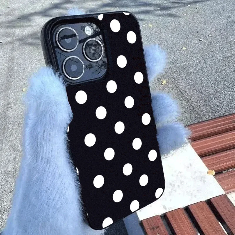 Creative Black Phone Case with Full Screen White Polka Dots Design