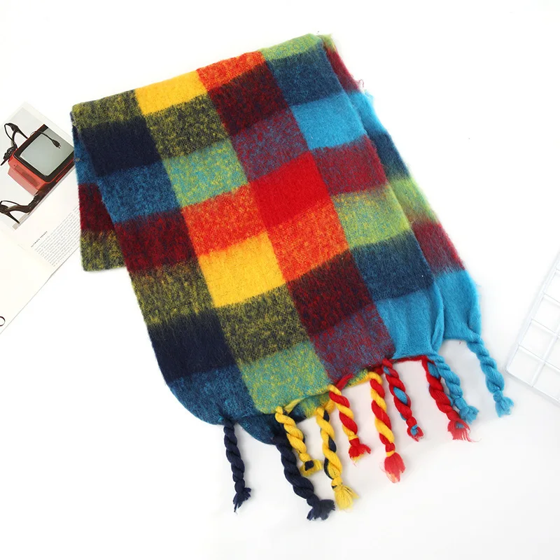 Женский роскошный брендовый клетчатый шарф, зимние теплые шали из пашмины, кашемировые женские одеяла с кисточками, шарфы, Радужный пушистый шарф