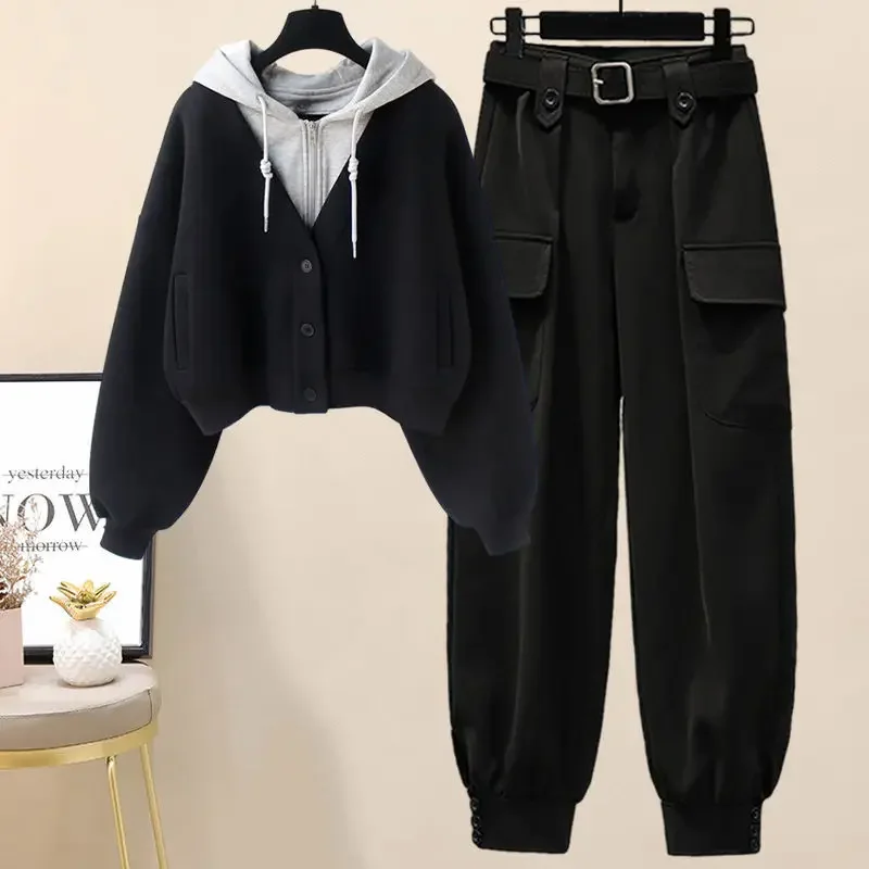 

Winter New Plus Size Plush Thickened Single Breasted Hoodie Tunic Loose Workwear Elegant Women's Pants Set Fashion Outfit T45