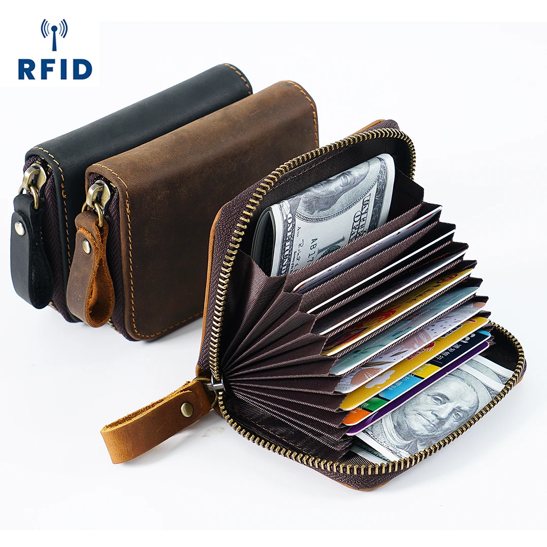 Top-Grain Leather Accordion Wallet-RFID Blocking Vintage Multi-Card Holder with High Capacity Coin Purse