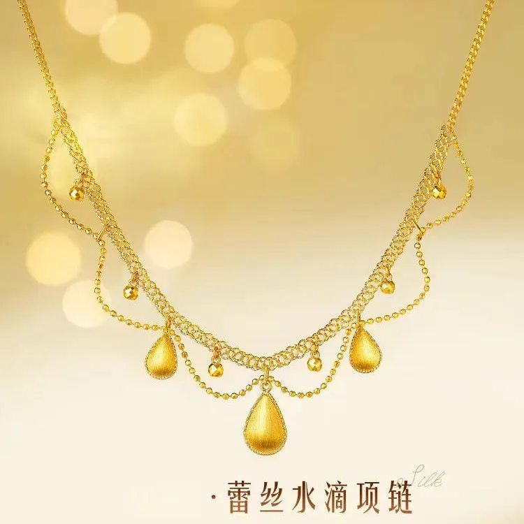 24K AU999 Pure Gold Silk Lace Drop Necklace Women's Vintage Wire-drawing Craft 2