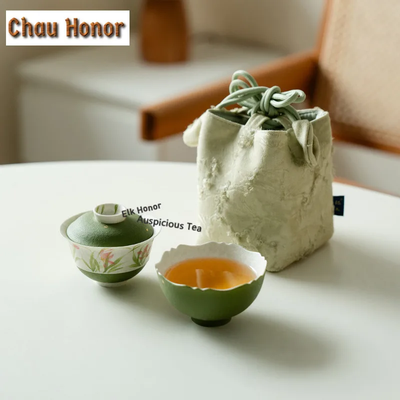 Green Oranges Sprinkled Gold Travel Tea Set Kit Retro 1 Pot 1 Cups Tea Maker Organizer Portable Outdoor Stock Bags Decoration