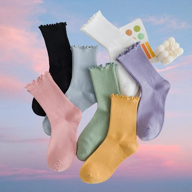 2024 New 3 Pairs Women Ruffle Lace Cute Socks Polyester Cotton Loose Knitting Solid Color Long Breathable Mid Tube Sock