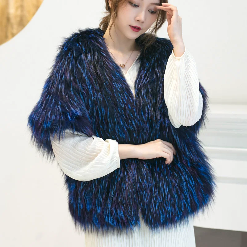 

Besfilin Real Silver Fox Fur Cape for Women, Knitted Big Shawl, Thickened, Poncho Fashion, Scarf, Keep Warm, Autumn and Winter