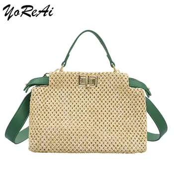 YoReAi Straw Beach Bag Fashion PU Handmade Woven Shoulder Bags Raffia Rattan Handbag Bohemian Summer Casual Small Square Pack