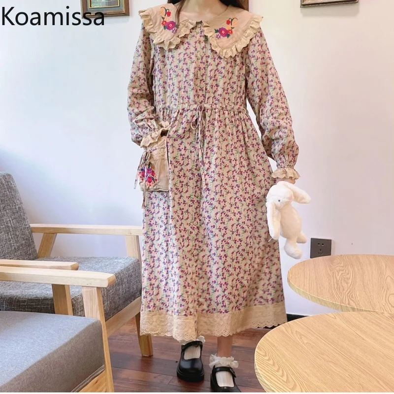 

Koamissa Women Floral Loose Maxi Dress Flower Peter Pan Collar Straight Spring Dresses Chic Korean Fashion Vestidos 2022 New