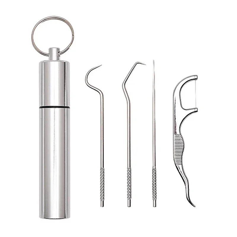 

4pcs Portable Stainless Steel Toothpick Flossing Set Tooth Reusable Mini Oral Care Teeth Cleaning Tools Key Chian Kit