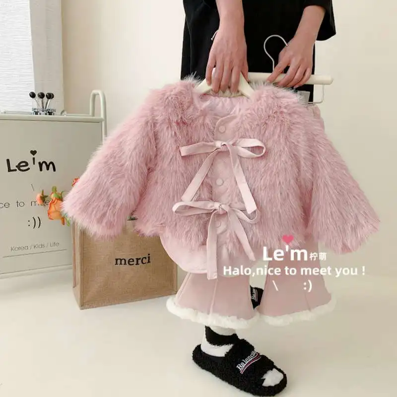 

Girls Clothes Set Autumn Winter Children Fashion Woolen Sweater Coat Knitted Tops + Velvet Pleated Leather Skirt Fashion