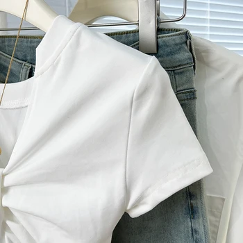 تي شيرت صيفي نسائي جديد موديل 2025 برقبة على شكل حرف v ملابس خروج نسائية بيضاء على الموضة 100% قطن أسود تي شيرت للصيف 5