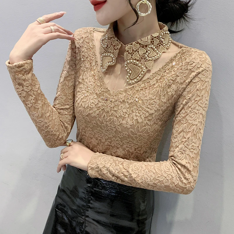 

Women Autumn Lace T-shirt Blouses Lady Peter Pan Collar Long Sleeve Beading Casual Blusas Top