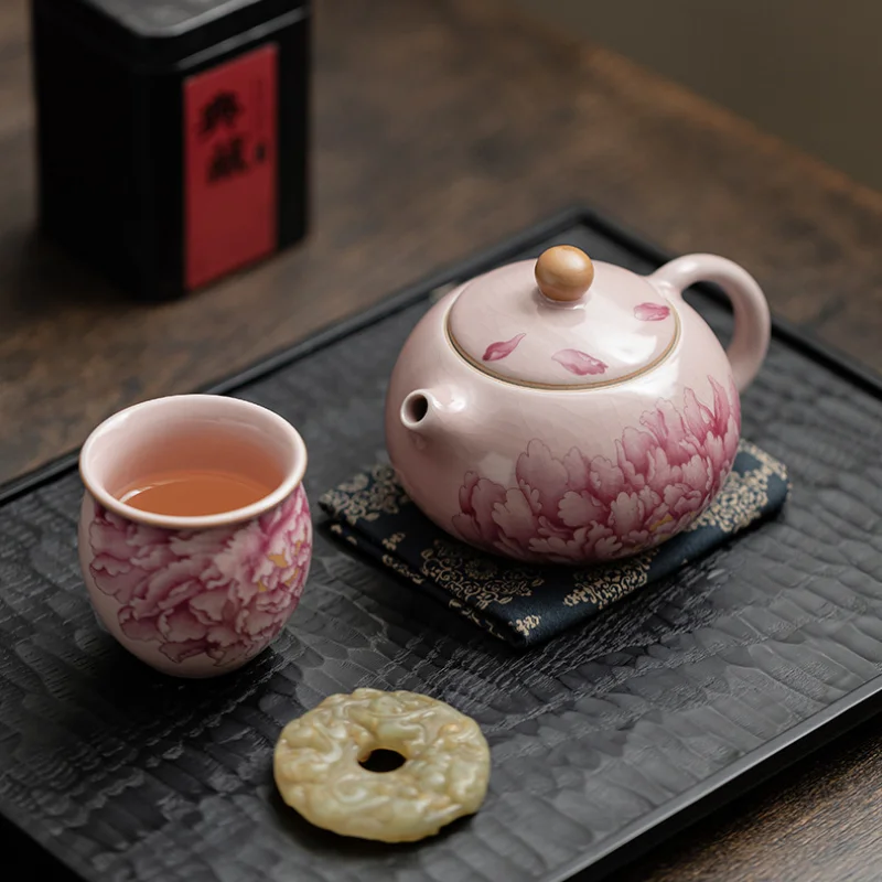 180ml Antique Powder Ru Kiln Teapot Retro Peony Flower Xi Shi Pot Tea Maker Kettle With Ball Hole Filter Chinese Teaset Supplies