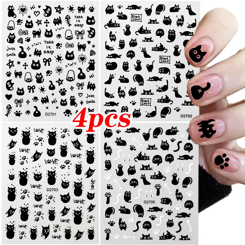 3D Cute Cartoon Black Cat Nail Stickers Funny Cat Paw/Bowtie Self-Adhesive Nail Art Decals Manicure Accessories DIY 8*1 4pcs/set nail stickers,nail art tools,nail art decoration,nail decals