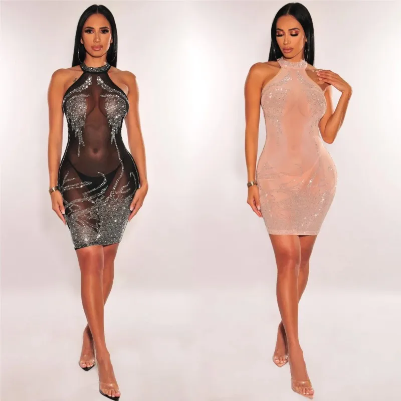 

Beach Exit Dress Swimsuit For Women Summer 2023 Solid Color Mesh Iron Diamond Neck Short Spandex Bathing Suit Cover Up Pareo