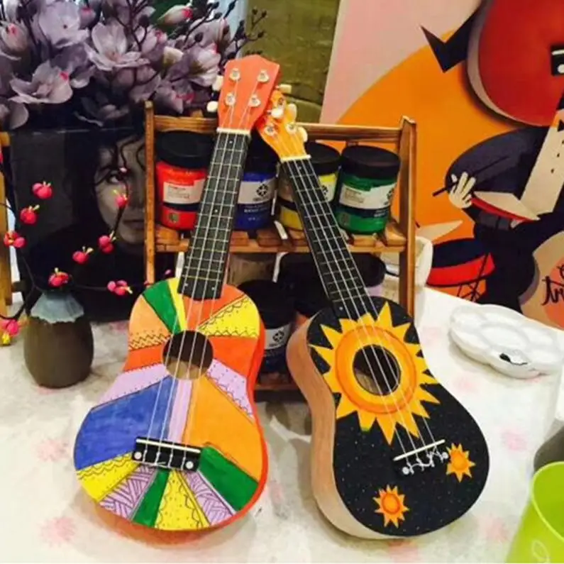 21 Inch Ukulele DIY Kit Basswood Soprano Hawaii Guitar Ukelele Sakura Sound Hole Handwork Painting for Parents Child Campaign Ukulele Set