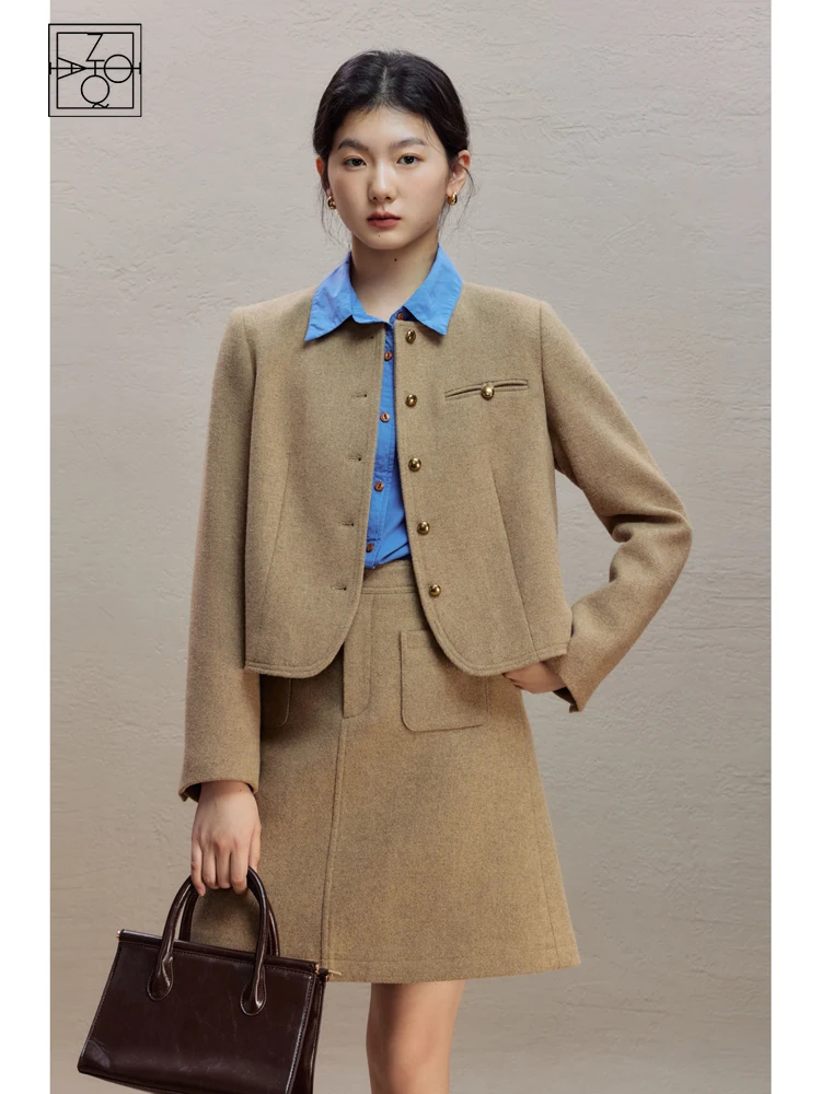 

ZIQIAO Retro Lady Style Short Woolen Coat and Skirt Suit for Women Winter Newly Commuter O-neck Coats + A-line Skirt Female Sets