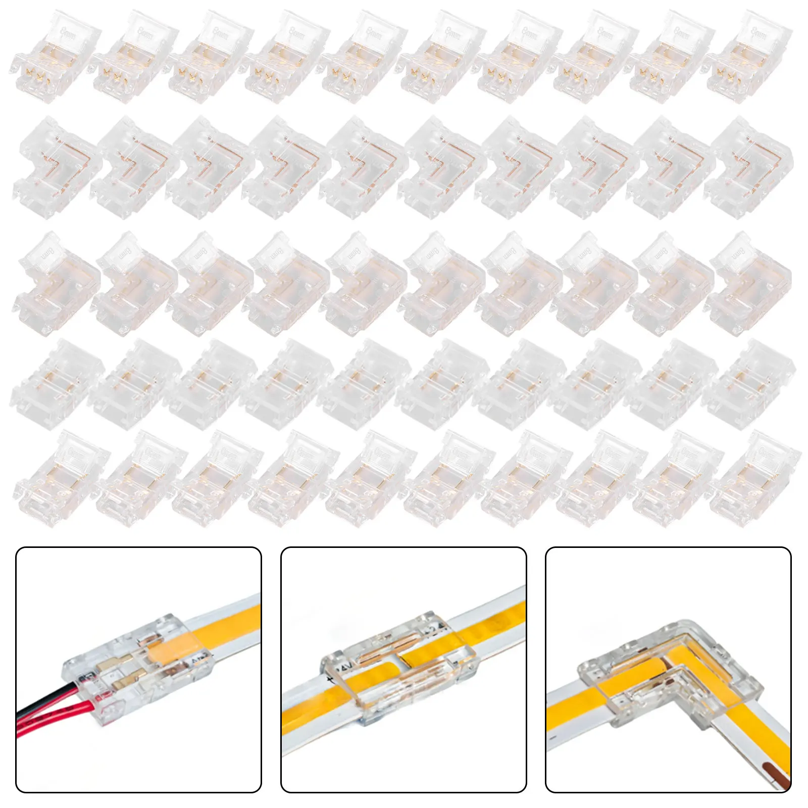 ขั้วต่อ COB แบบ 2 ขา ขนาด 8 มม. 50 ชิ้น รูปตัว L/ขั้วต่อมุม รูปตัว L/ขั้วต่อมุม แบบใช้ซ้ำได้ ไม่ต้องบัดกรี อะแดปเตอร์ ขั้วต่อขยาย 1