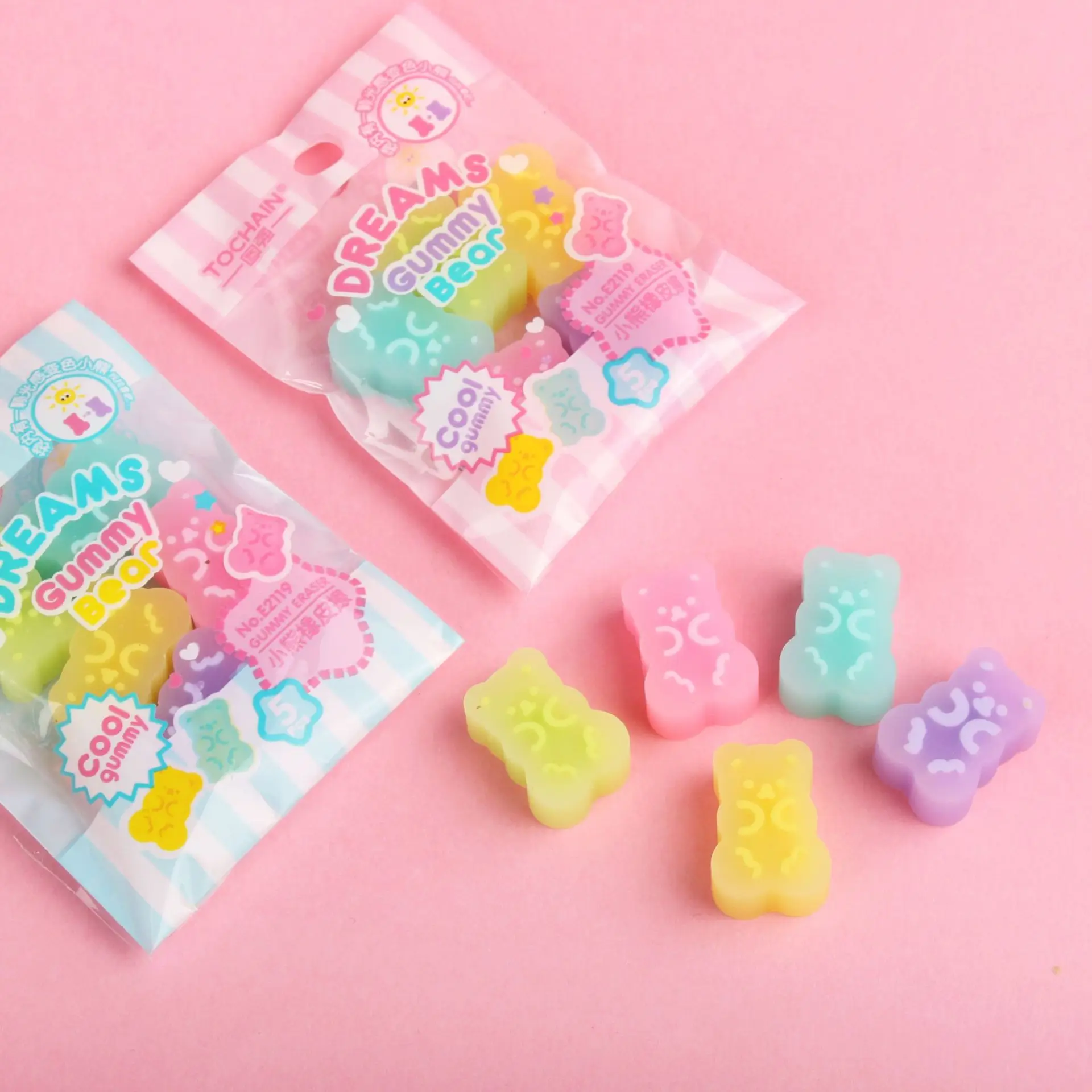 5 Pcs/bag Translucent Solid Color Bear Eraser Soft Easy to Wipe Children's Learning Rubber Cartoon Erasers Stationery