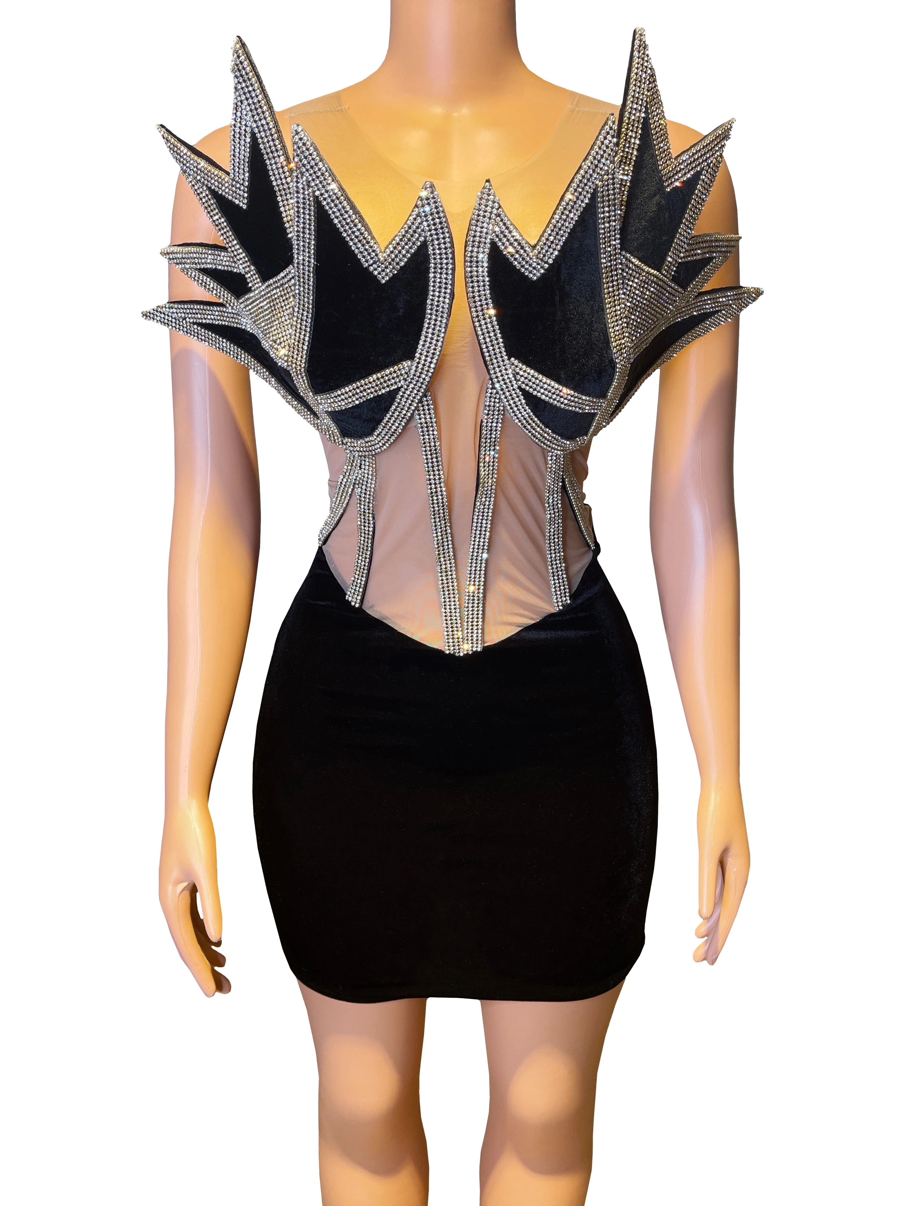 Sexy Silver Rhinestone Nude Transparent Mesh Black Velvet Dress Women Dancer Prom Outfit Evening