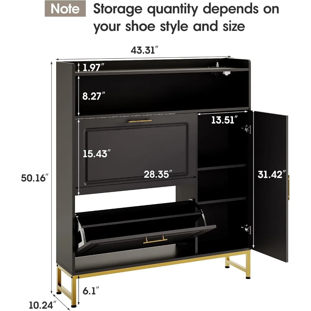 Shoe Storage Cabinet with 2 Flip Drawers & Side Cabinet Shoe Rack Organizer with LED Light and Charging Station Shoes 2