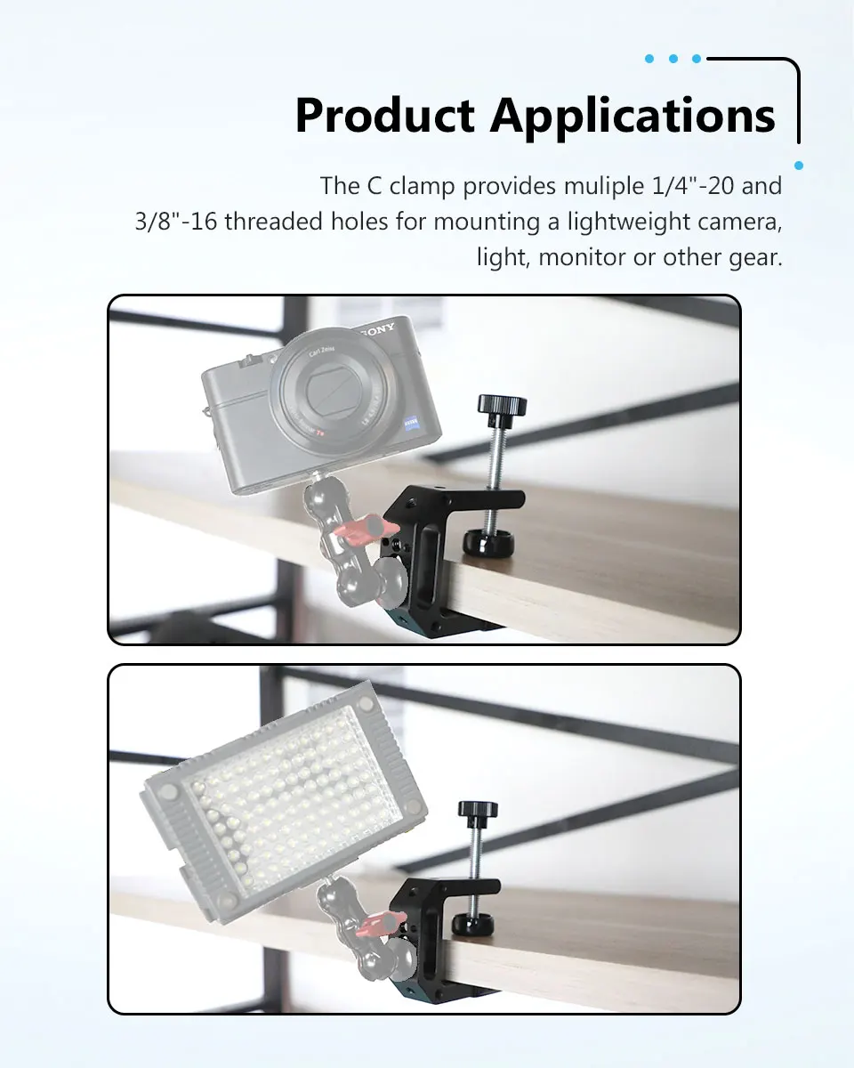C Clamp Desk Mount 2.25" Neck with Multiple 1/4"-20 and 3/8"-16 Threads For Ligh