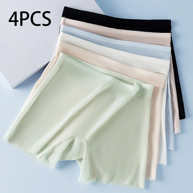 Summer Ice Silk Ultra-thin Quick-drying Boxer Brief Women 4pcs Seamless High waist Panties Plus Size Female Safety Underwear high waist panties high waist underwear seamless panties