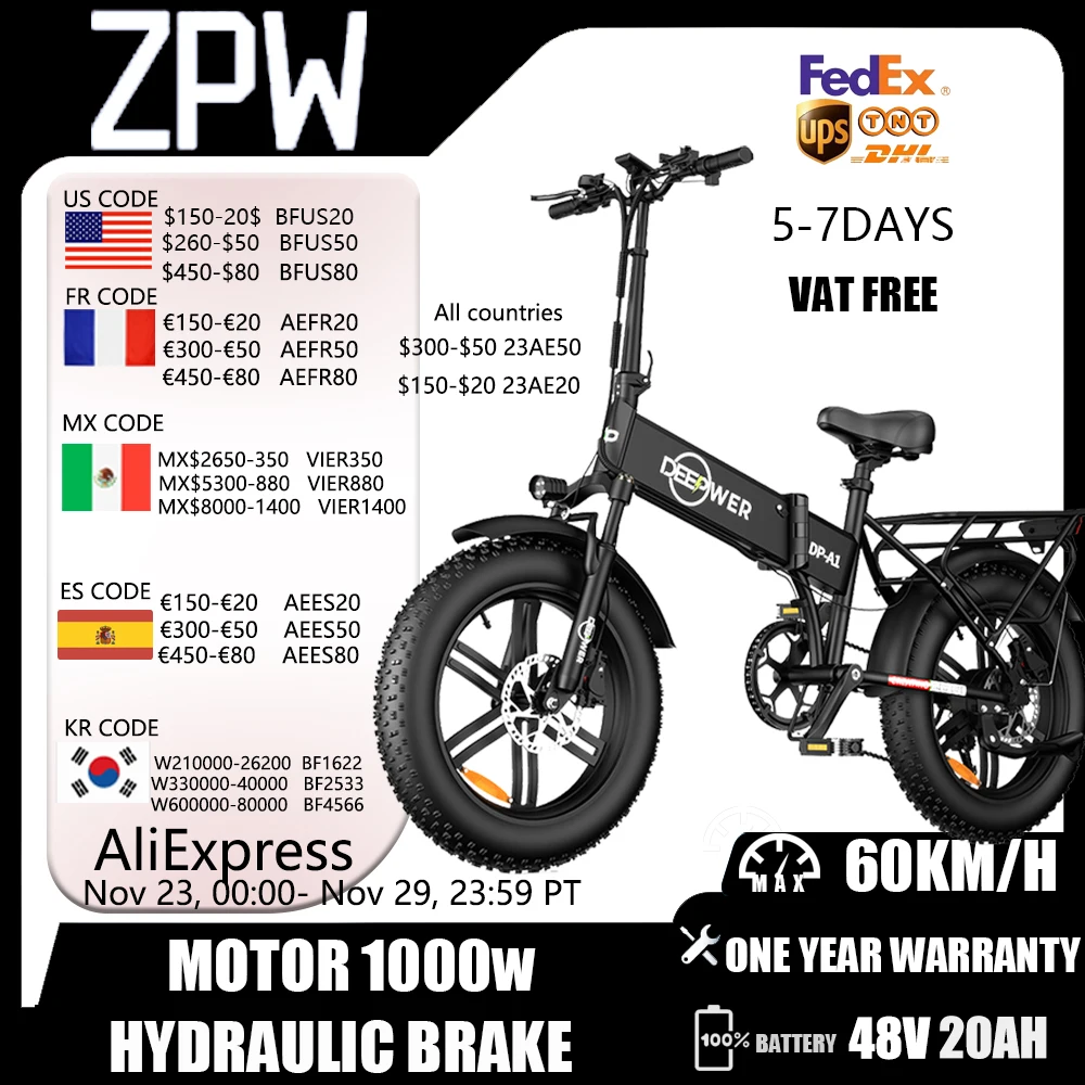 ZPW 성인용 접이식 전기 자전거, 산악 스노우 팻 타이어, 전기 자전거, 오프로드, A1, 20 인치, 1000W, 48V, 20AH