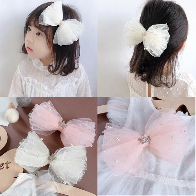 Sweet Princess Lace Bows Hairpin Kids Pearl Crown Barrettes Hair Clips Baby Girls Headwear Fashion Children Hair Accessory