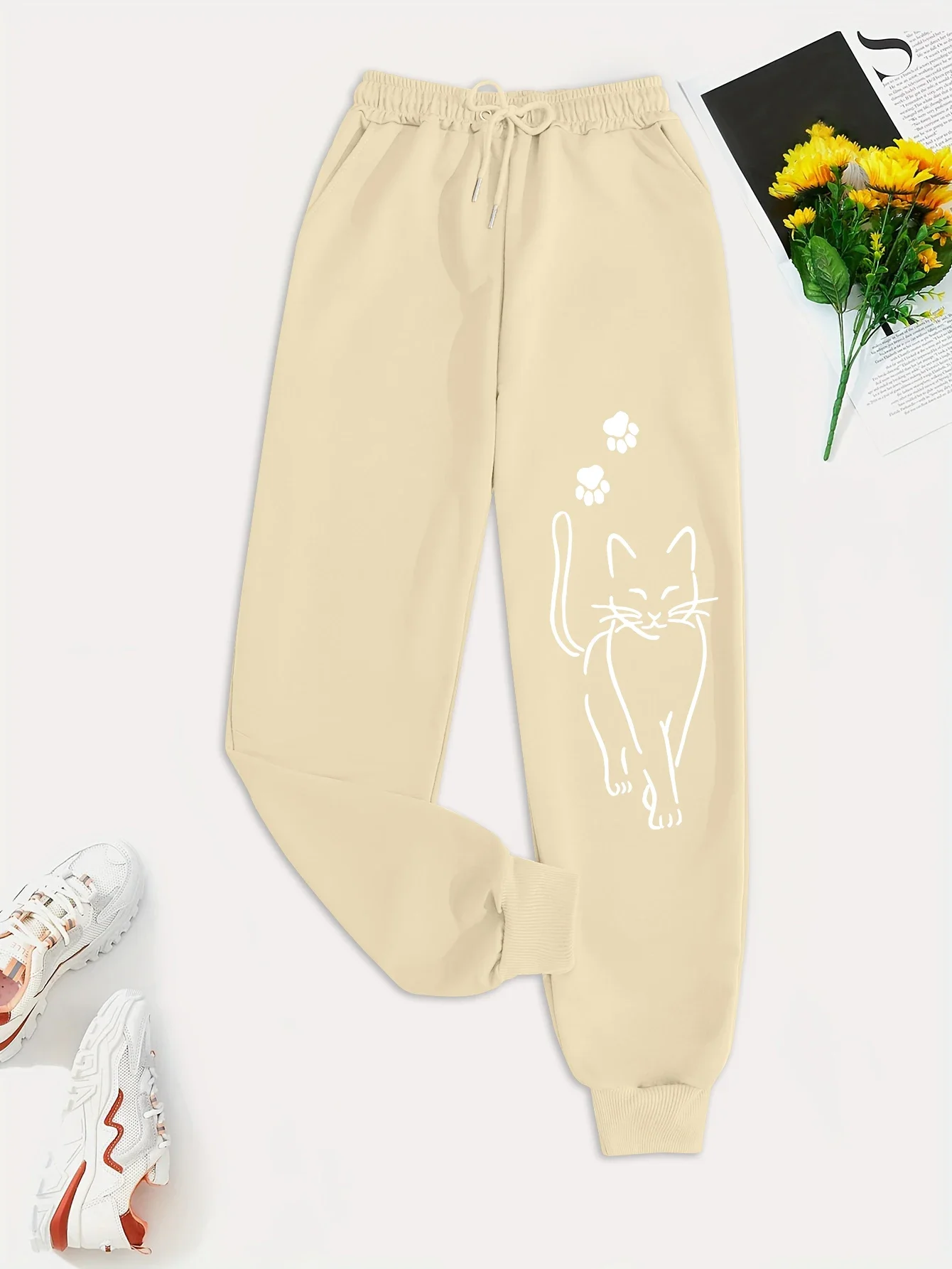 Elegant Cat Print Casual Versatile Women Pants Fashion Trendy Trousers With Drawstring Pockets Comfortable Sweatpants Female 4